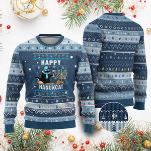 Funny Cat Hanukkah Ugly Sweater Happy Hanukcat Drinking Black Cat Jewish Menorah Chanukah TS02 Navy Light Blue Print Your Wear