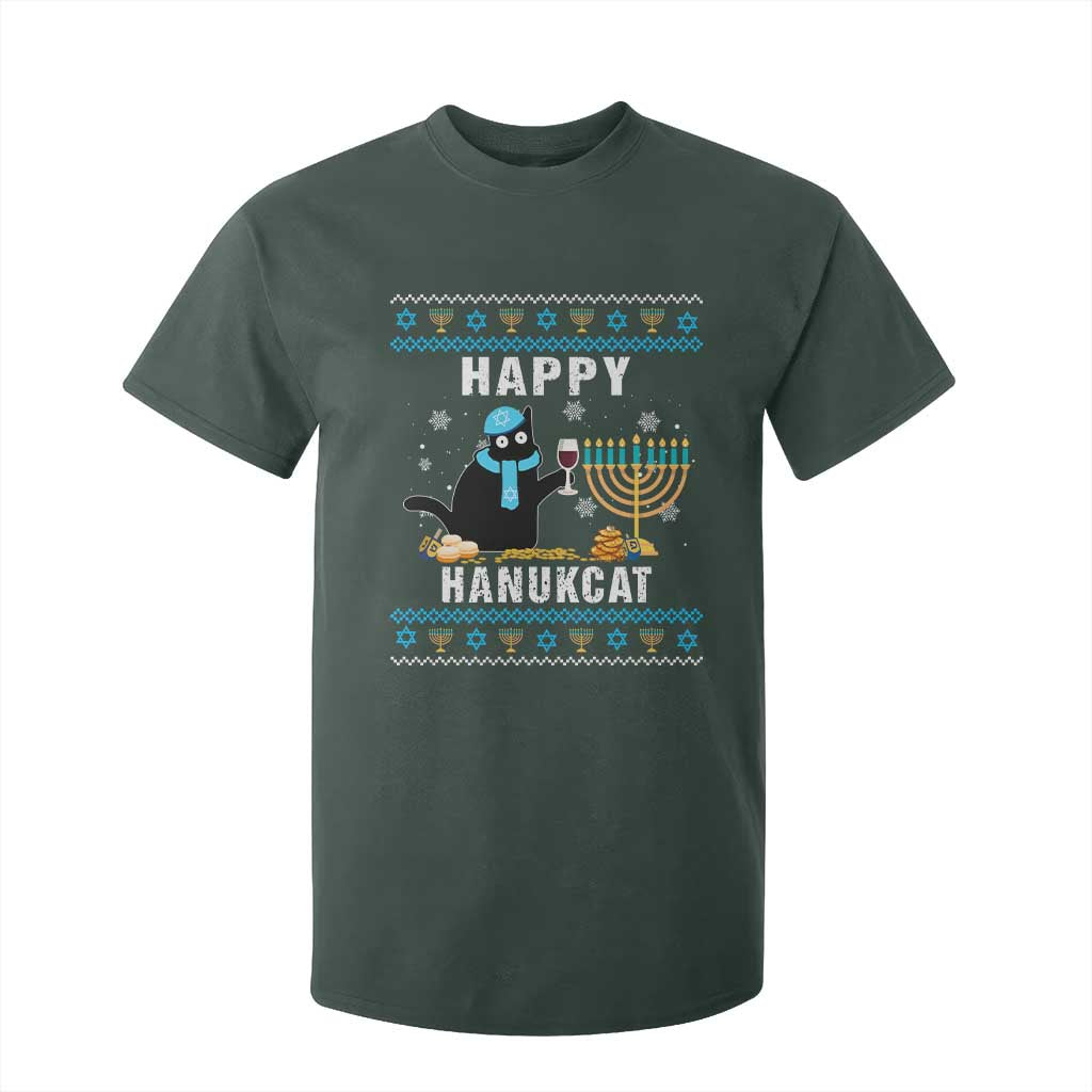 Funny Hanukkah Cat T Shirt For Kid Happy Hanukcat Drinking Black Cat Jewish Menorah Chanukah TS02 Dark Forest Green Print Your Wear