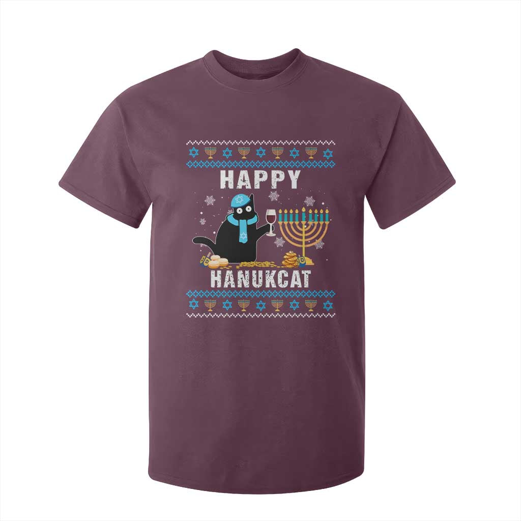 Funny Hanukkah Cat T Shirt For Kid Happy Hanukcat Drinking Black Cat Jewish Menorah Chanukah TS02 Maroon Print Your Wear