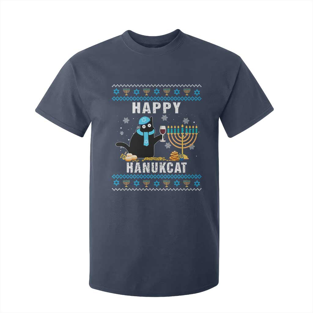 Funny Hanukkah Cat T Shirt For Kid Happy Hanukcat Drinking Black Cat Jewish Menorah Chanukah TS02 Navy Print Your Wear