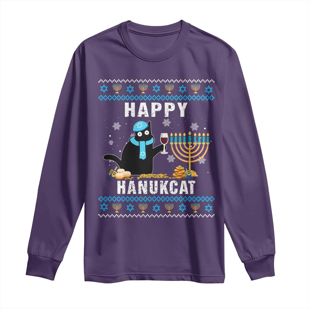 Funny Hanukkah Cat Long Sleeve Shirt Happy Hanukcat Drinking Black Cat Jewish Menorah Chanukah TS02 Purple Print Your Wear