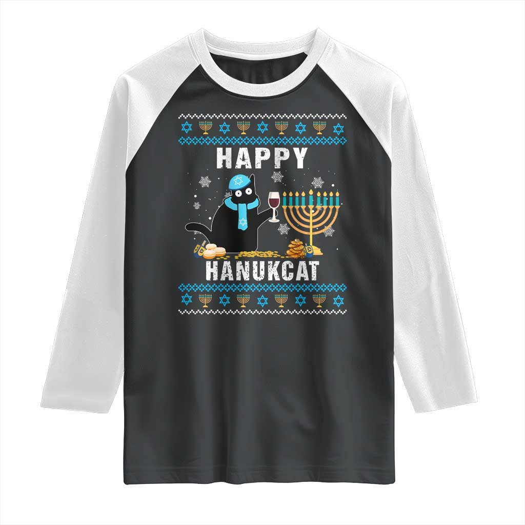 Funny Hanukkah Cat Raglan Shirt Happy Hanukcat Drinking Black Cat Jewish Menorah Chanukah TS02 Black White Print Your Wear