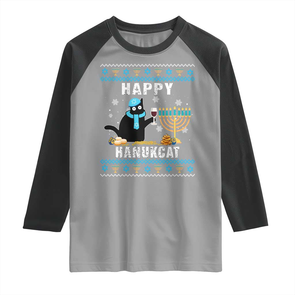 Funny Hanukkah Cat Raglan Shirt Happy Hanukcat Drinking Black Cat Jewish Menorah Chanukah TS02 Sport Gray Black Print Your Wear