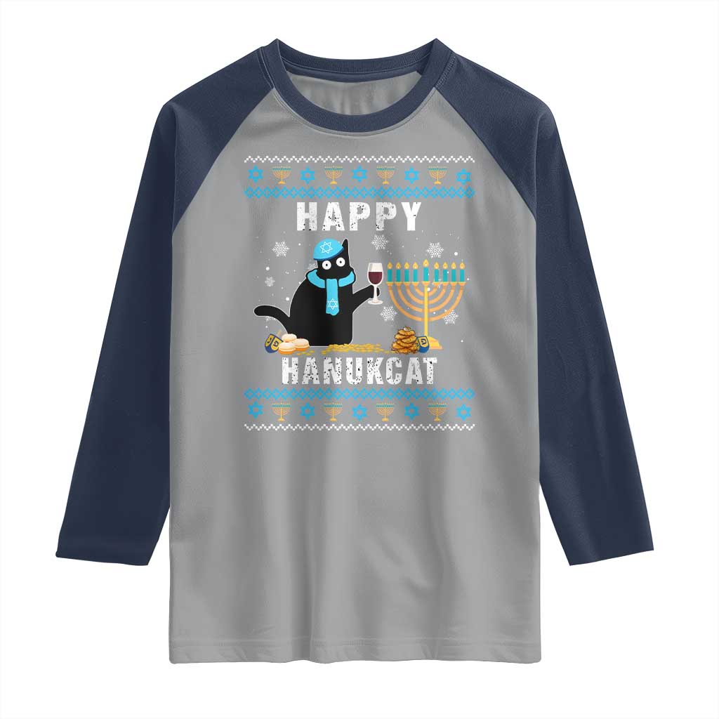 Funny Hanukkah Cat Raglan Shirt Happy Hanukcat Drinking Black Cat Jewish Menorah Chanukah TS02 Sport Gray Navy Print Your Wear