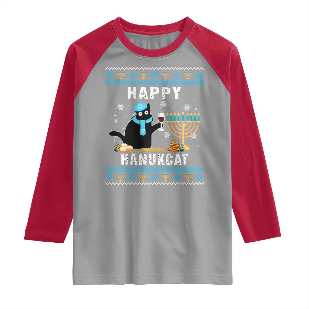 Funny Hanukkah Cat Raglan Shirt Happy Hanukcat Drinking Black Cat Jewish Menorah Chanukah TS02 Sport Gray Red Print Your Wear