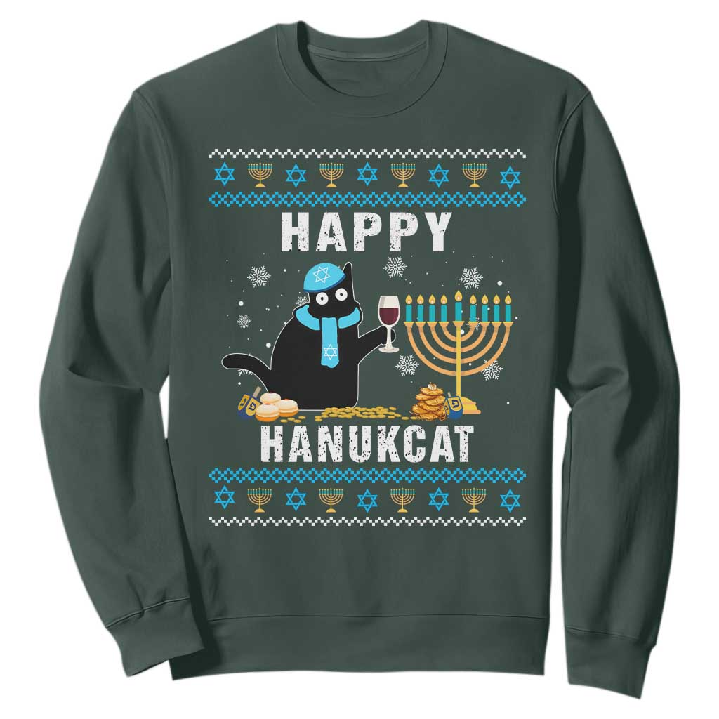 Hanukkah Cat Sweatshirt Happy Hanukcat Jewish Hanukkah Black Cat Menorah Chanukah TS02 Dark Forest Green Printyourwear