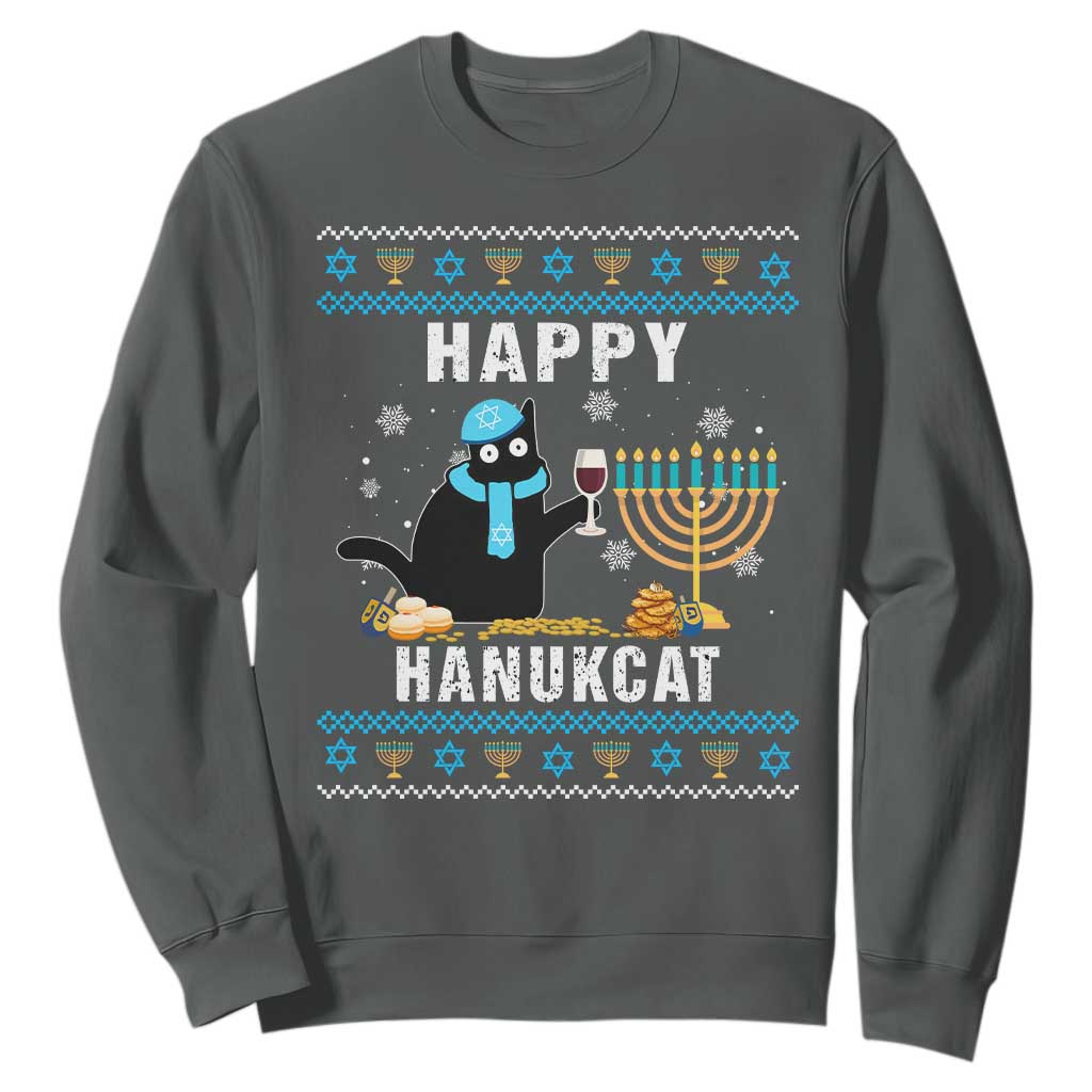 Hanukkah Cat Sweatshirt Happy Hanukcat Jewish Hanukkah Black Cat Menorah Chanukah TS02 Dark Heather Printyourwear