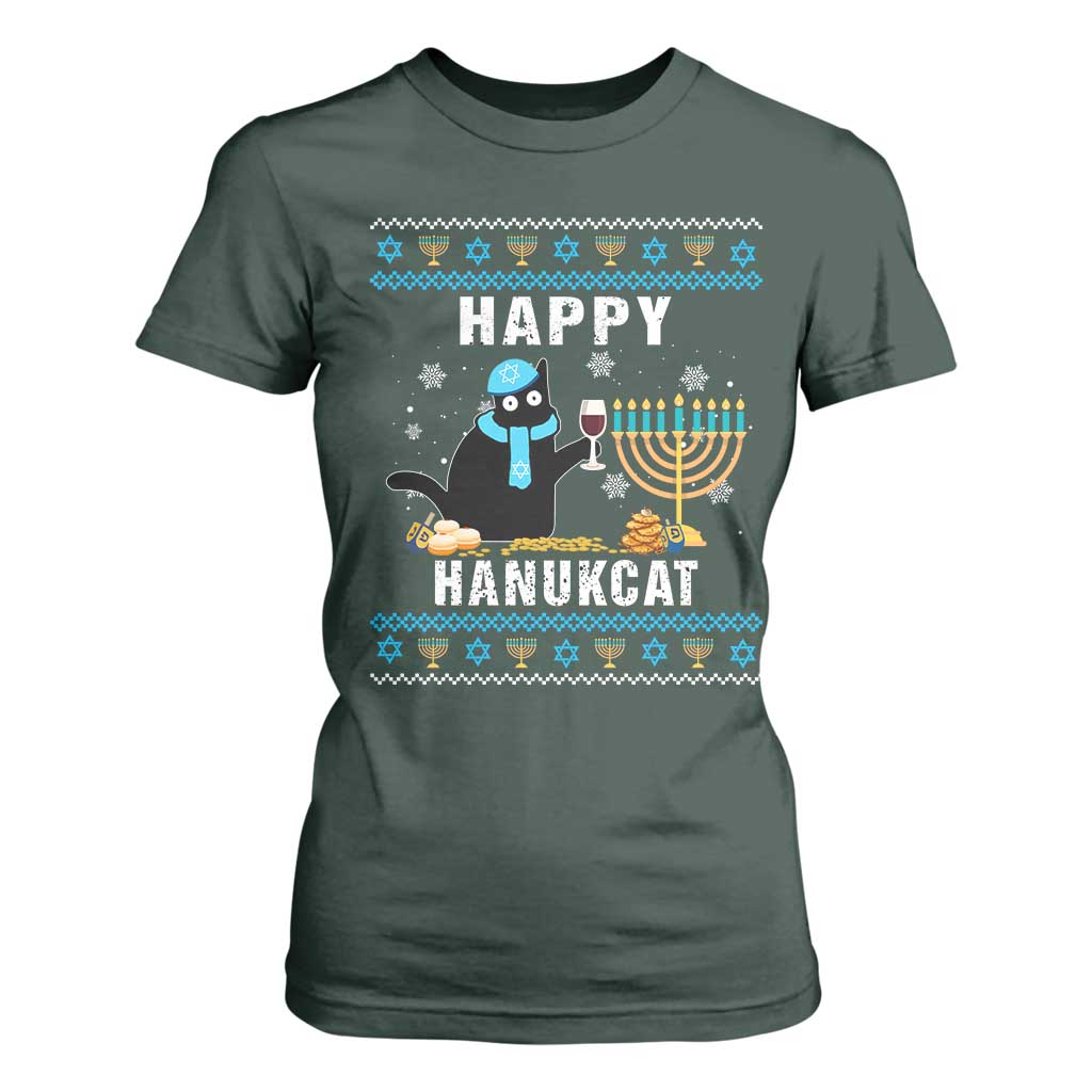 Funny Hanukkah Cat T Shirt For Women Happy Hanukcat Drinking Black Cat Jewish Menorah Chanukah TS02 Dark Forest Green Print Your Wear