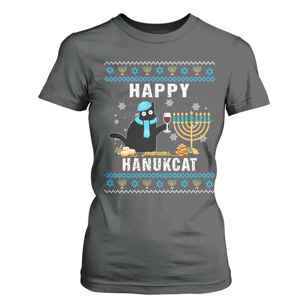 Funny Hanukkah Cat T Shirt For Women Happy Hanukcat Drinking Black Cat Jewish Menorah Chanukah TS02 Dark Heather Print Your Wear