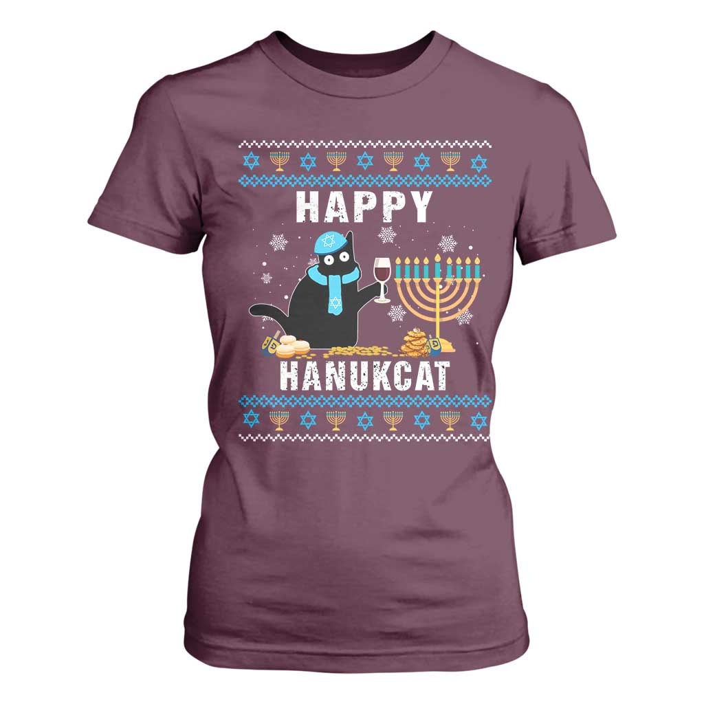 Funny Hanukkah Cat T Shirt For Women Happy Hanukcat Drinking Black Cat Jewish Menorah Chanukah TS02 Maroon Print Your Wear