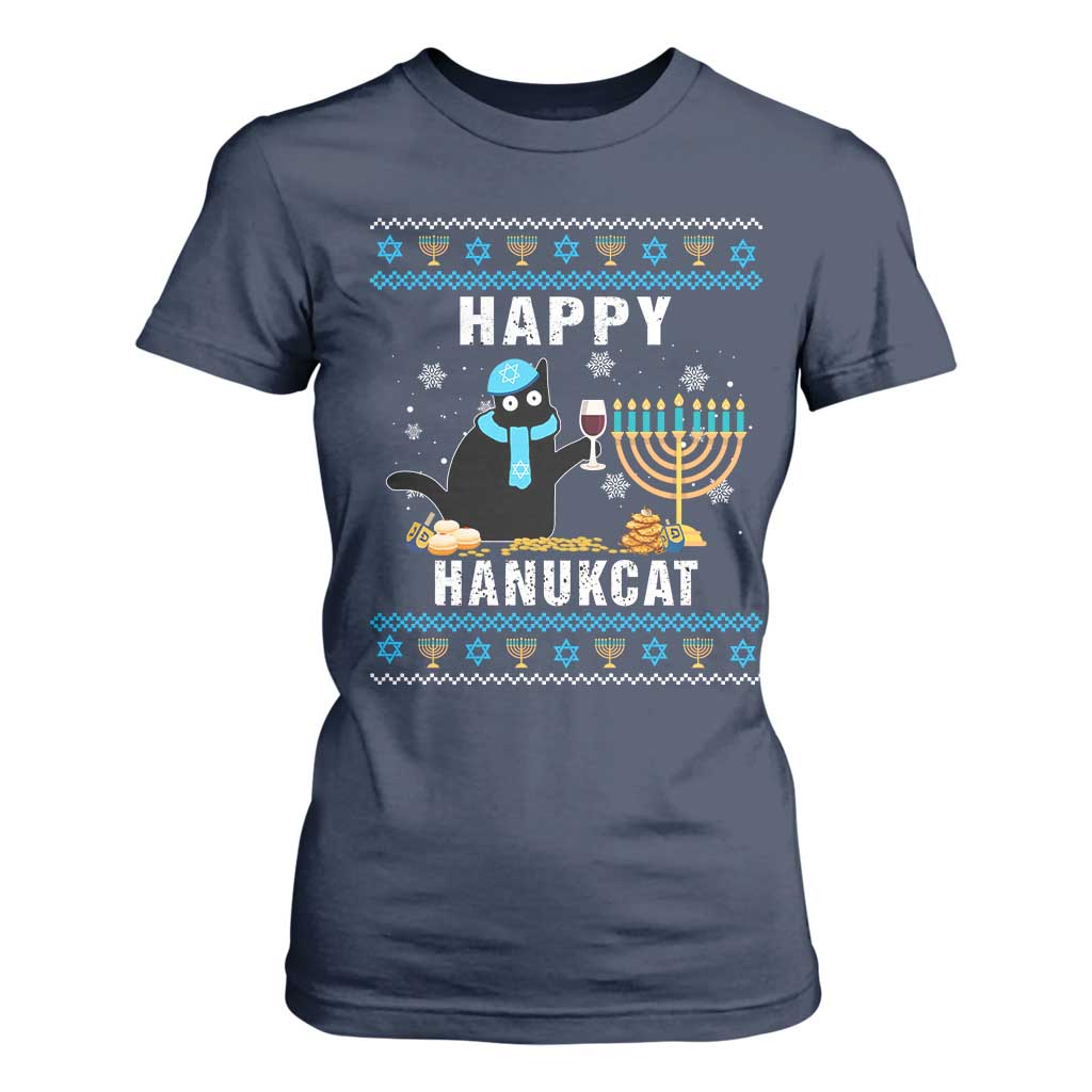 Funny Hanukkah Cat T Shirt For Women Happy Hanukcat Drinking Black Cat Jewish Menorah Chanukah TS02 Navy Print Your Wear