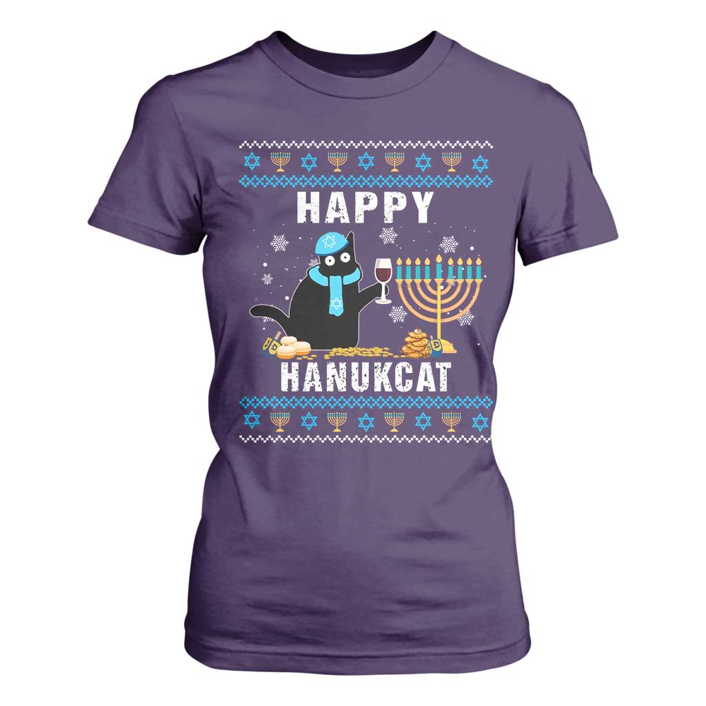Funny Hanukkah Cat T Shirt For Women Happy Hanukcat Drinking Black Cat Jewish Menorah Chanukah TS02 Purple Print Your Wear
