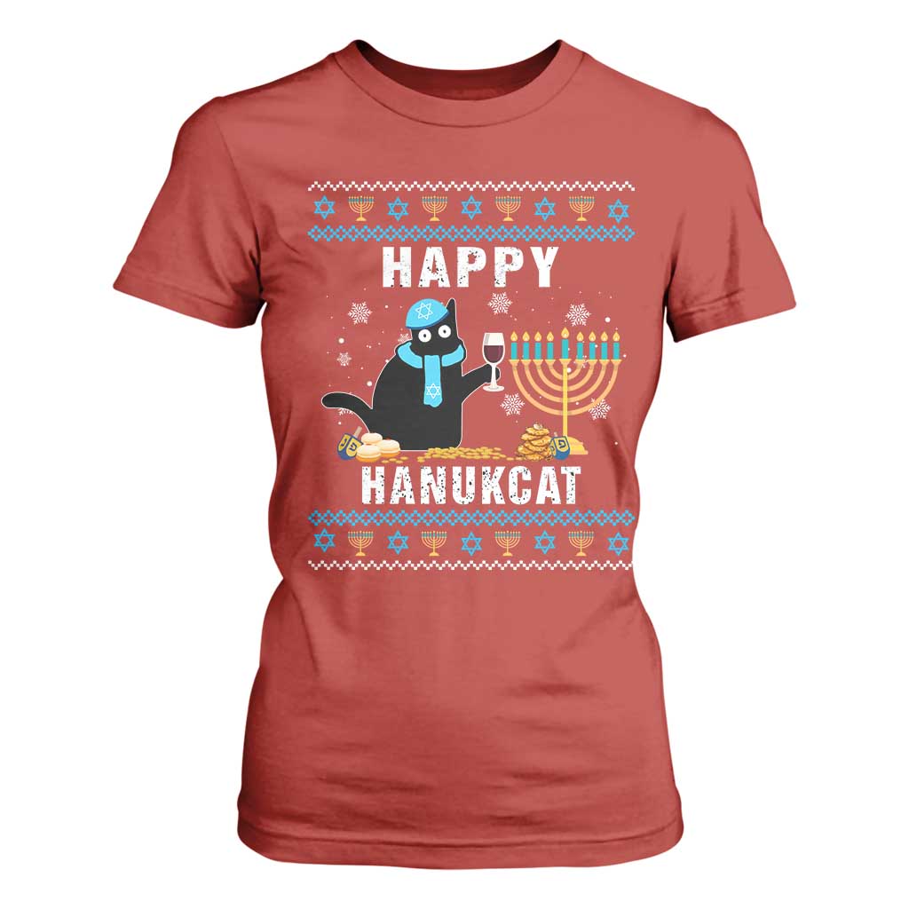 Funny Hanukkah Cat T Shirt For Women Happy Hanukcat Drinking Black Cat Jewish Menorah Chanukah TS02 Red Print Your Wear