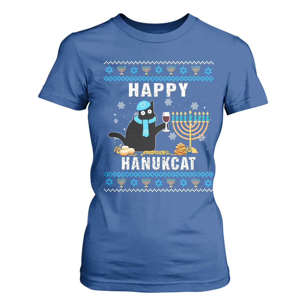 Funny Hanukkah Cat T Shirt For Women Happy Hanukcat Drinking Black Cat Jewish Menorah Chanukah TS02 Royal Blue Print Your Wear