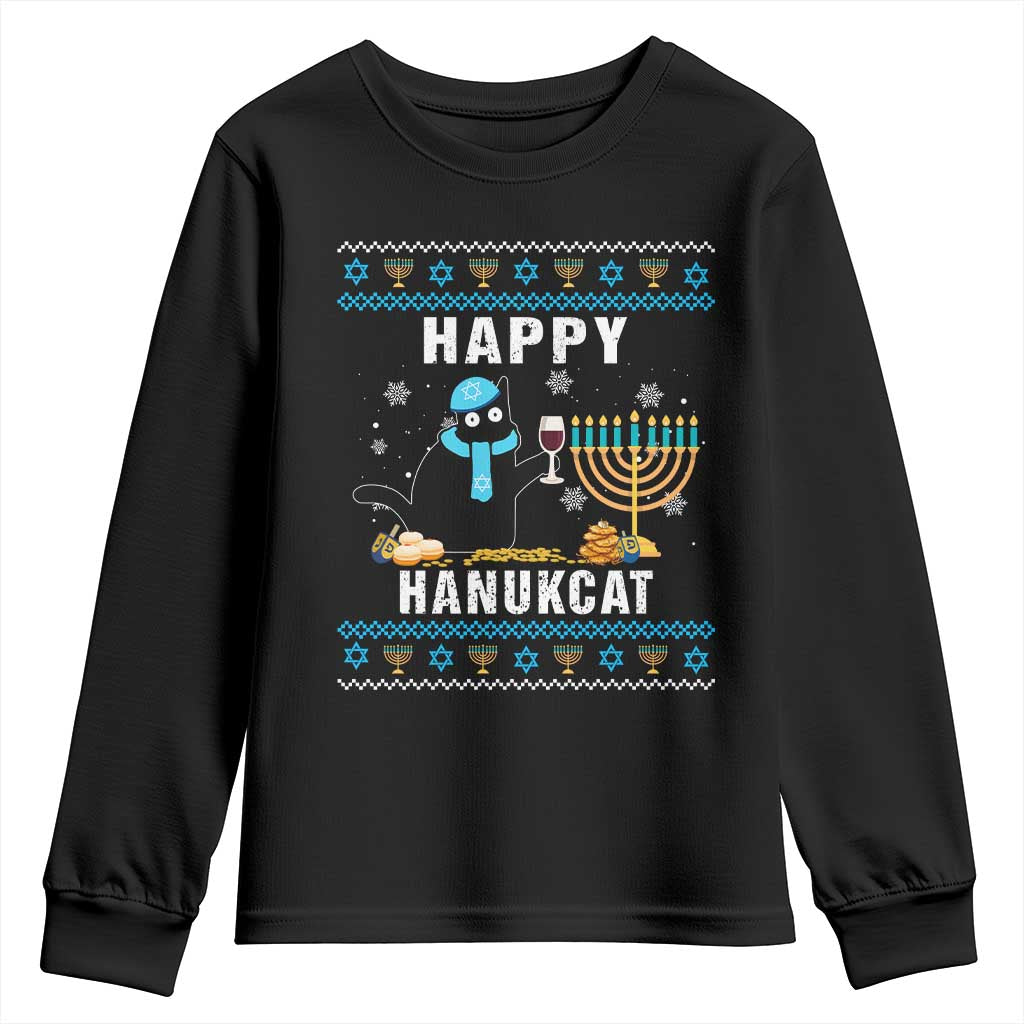 Funny Hanukkah Cat Youth Sweatshirt Happy Hanukcat Drinking Black Cat Jewish Menorah Chanukah TS02 Black Print Your Wear