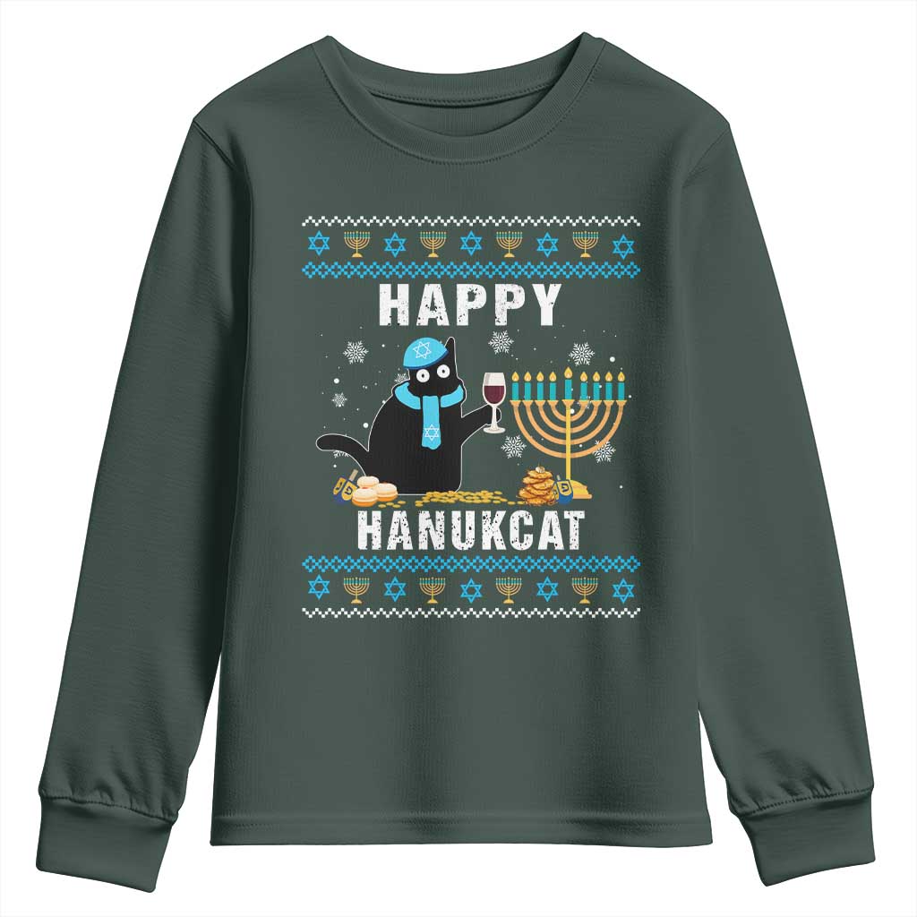 Funny Hanukkah Cat Youth Sweatshirt Happy Hanukcat Drinking Black Cat Jewish Menorah Chanukah TS02 Dark Forest Green Print Your Wear