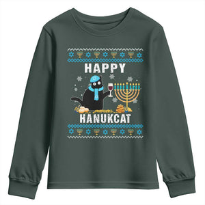 Funny Hanukkah Cat Youth Sweatshirt Happy Hanukcat Drinking Black Cat Jewish Menorah Chanukah TS02 Dark Forest Green Print Your Wear