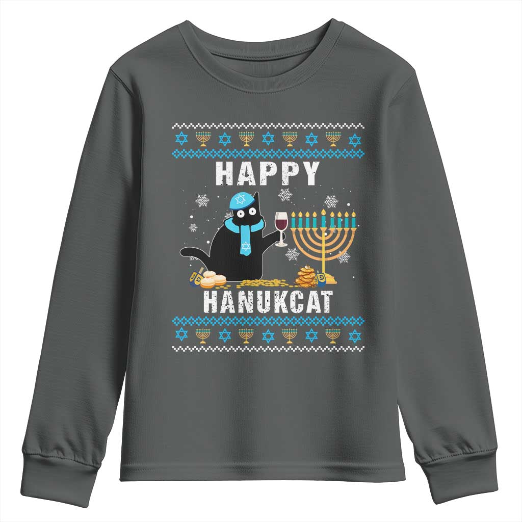 Funny Hanukkah Cat Youth Sweatshirt Happy Hanukcat Drinking Black Cat Jewish Menorah Chanukah TS02 Dark Heather Print Your Wear