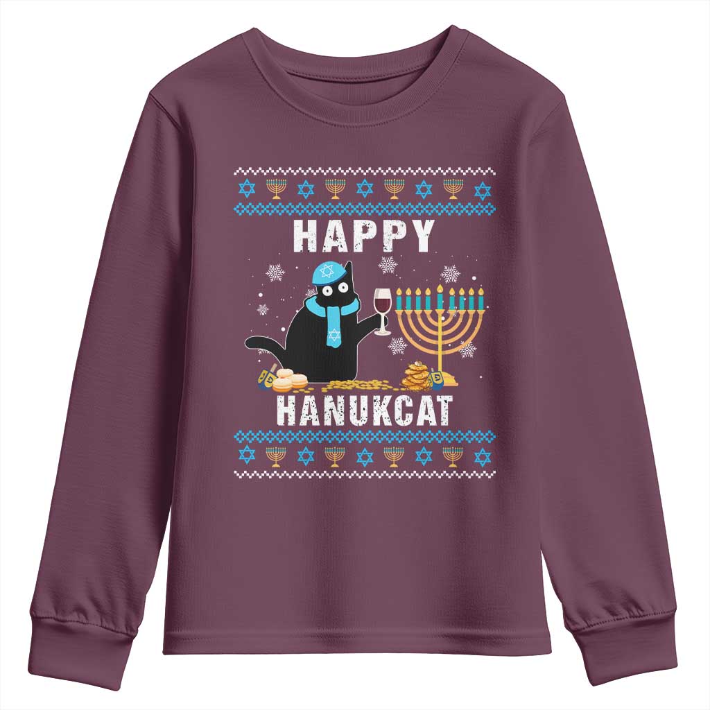 Funny Hanukkah Cat Youth Sweatshirt Happy Hanukcat Drinking Black Cat Jewish Menorah Chanukah TS02 Maroon Print Your Wear