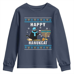 Funny Hanukkah Cat Youth Sweatshirt Happy Hanukcat Drinking Black Cat Jewish Menorah Chanukah TS02 Navy Print Your Wear