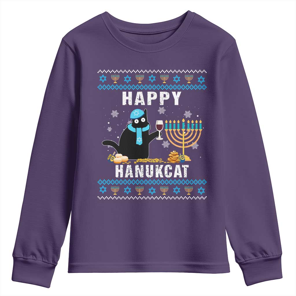 Funny Hanukkah Cat Youth Sweatshirt Happy Hanukcat Drinking Black Cat Jewish Menorah Chanukah TS02 Purple Print Your Wear