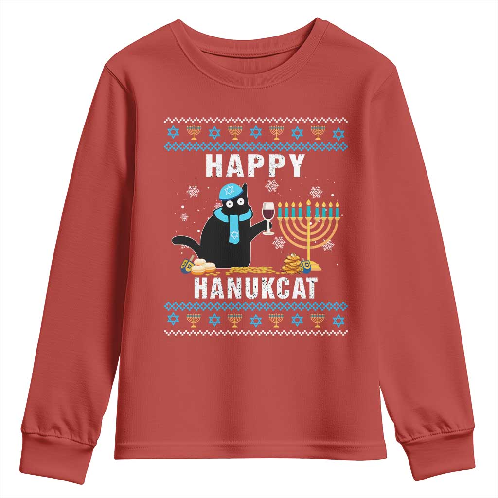 Funny Hanukkah Cat Youth Sweatshirt Happy Hanukcat Drinking Black Cat Jewish Menorah Chanukah TS02 Red Print Your Wear