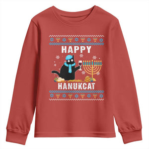 Funny Hanukkah Cat Youth Sweatshirt Happy Hanukcat Drinking Black Cat Jewish Menorah Chanukah TS02 Red Print Your Wear