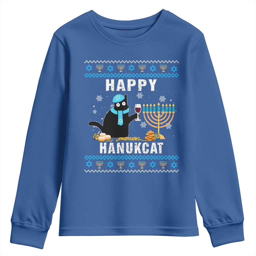 Funny Hanukkah Cat Youth Sweatshirt Happy Hanukcat Drinking Black Cat Jewish Menorah Chanukah TS02 Royal Blue Print Your Wear