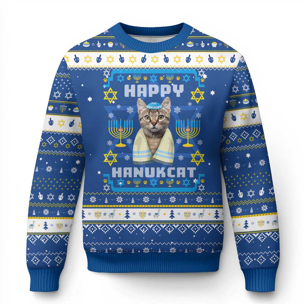 Funny Cat Hanukkah Ugly Sweater Happy Hanukcat Menorah Ugly Chanukah Jewish Festival TS02 Blue White Print Your Wear