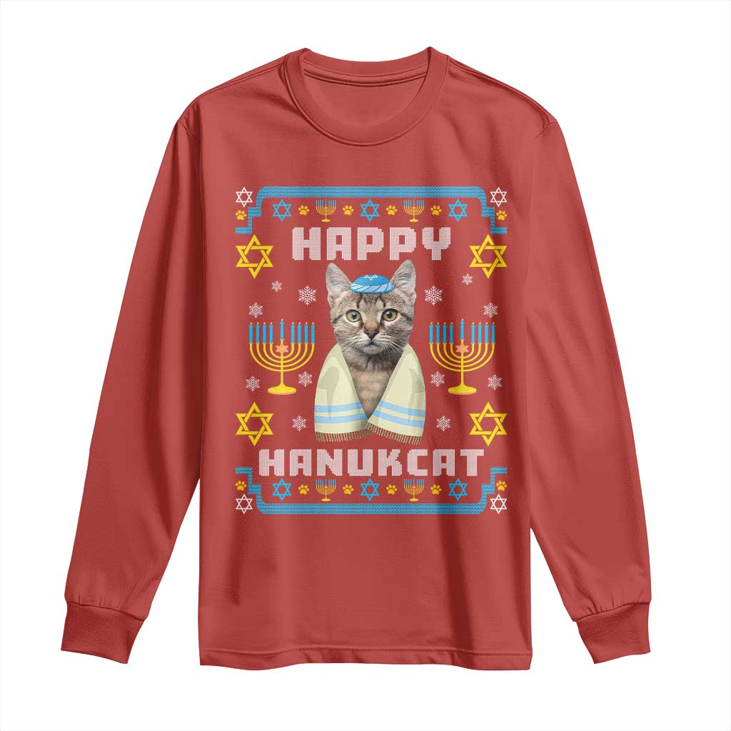 Funny Hanukkah Cat Long Sleeve Shirt Happy Hanukcat Menorah Ugly Chanukah Jewish Festival TS02 Red Print Your Wear