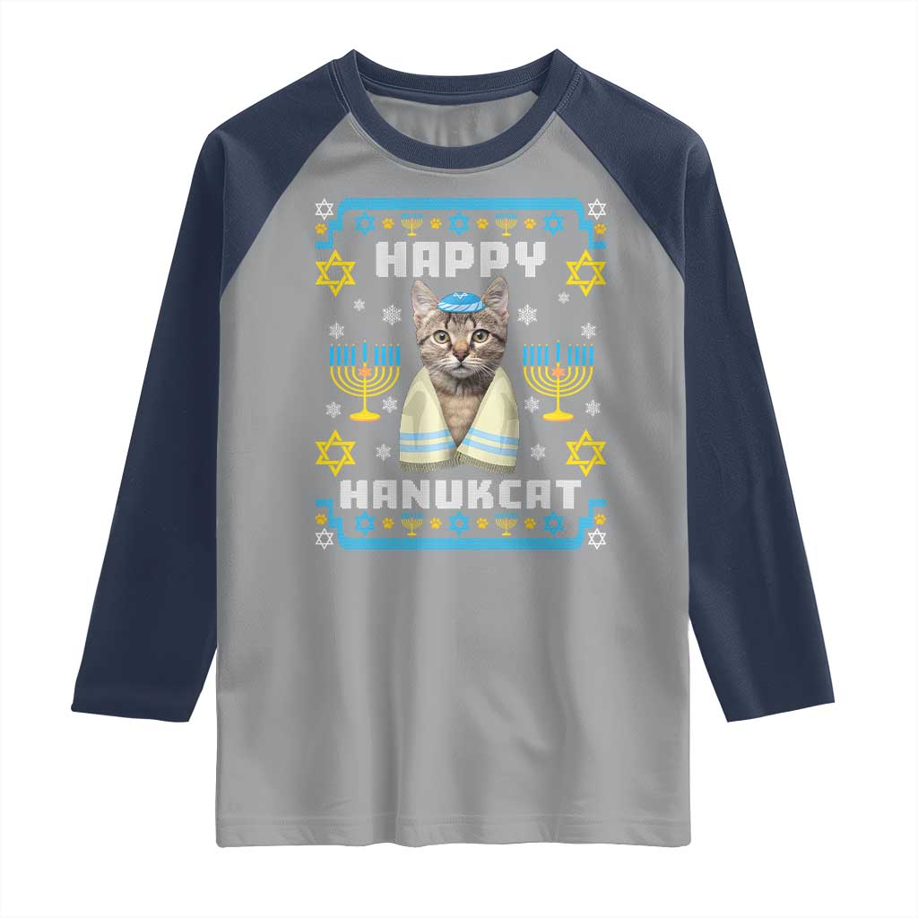 Funny Hanukkah Cat Raglan Shirt Happy Hanukcat Menorah Ugly Chanukah Jewish Festival TS02 Sport Gray Navy Print Your Wear