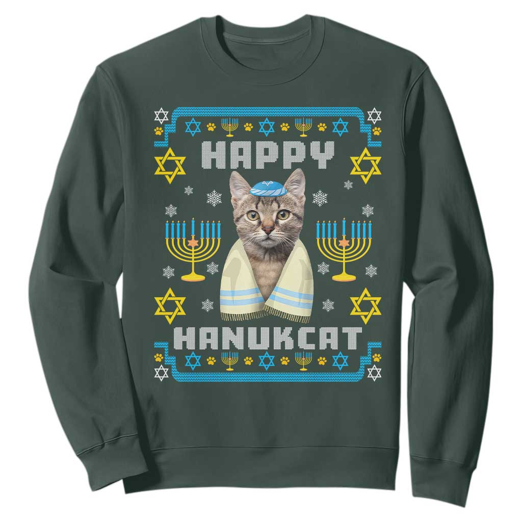 Hanukkah Cat Sweatshirt Happy Hanukcat Jewish Hanukkah Cat Menorah Ugly Chanukah TS02 Dark Forest Green Printyourwear