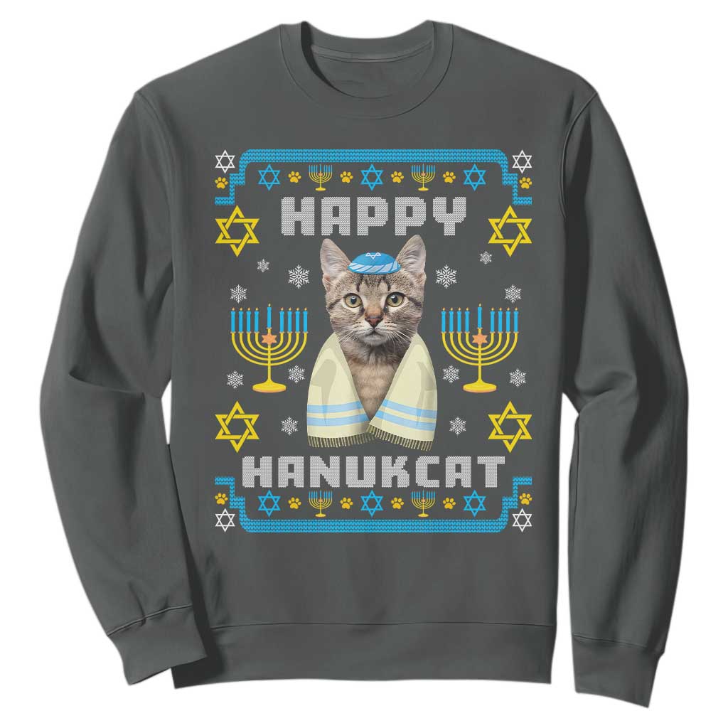 Hanukkah Cat Sweatshirt Happy Hanukcat Jewish Hanukkah Cat Menorah Ugly Chanukah TS02 Dark Heather Printyourwear
