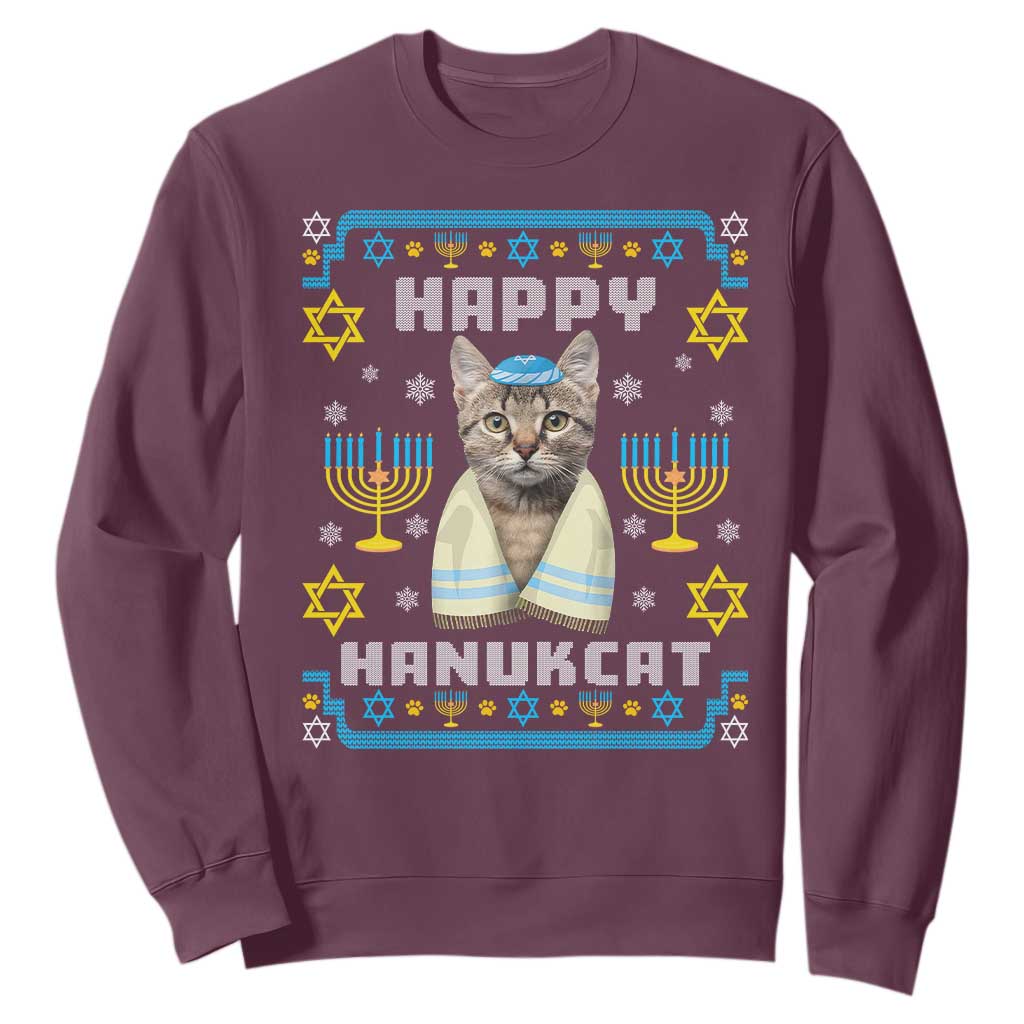 Hanukkah Cat Sweatshirt Happy Hanukcat Jewish Hanukkah Cat Menorah Ugly Chanukah TS02 Maroon Printyourwear