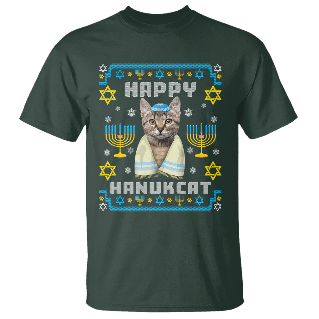 Hanukkah Cat T Shirt Happy Hanukcat Jewish Hanukkah Cat Menorah Ugly Chanukah TS02 Dark Forest Green Printyourwear
