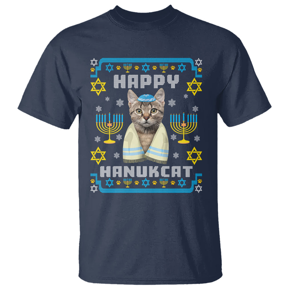 Hanukkah Cat T Shirt Happy Hanukcat Jewish Hanukkah Cat Menorah Ugly Chanukah TS02 Navy Printyourwear