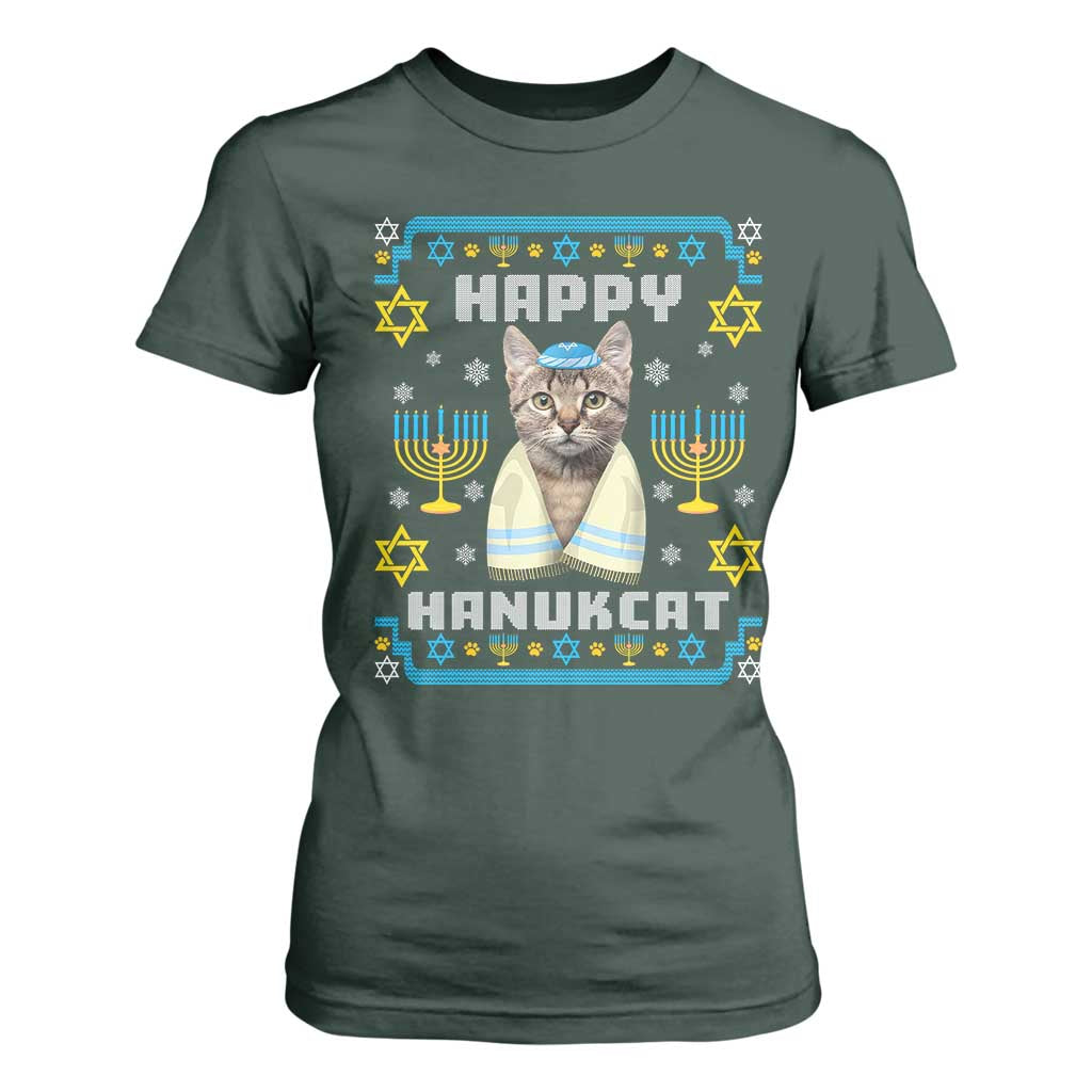 Funny Hanukkah Cat T Shirt For Women Happy Hanukcat Menorah Ugly Chanukah Jewish Festival TS02 Dark Forest Green Print Your Wear