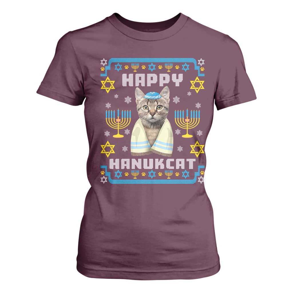 Funny Hanukkah Cat T Shirt For Women Happy Hanukcat Menorah Ugly Chanukah Jewish Festival TS02 Maroon Print Your Wear