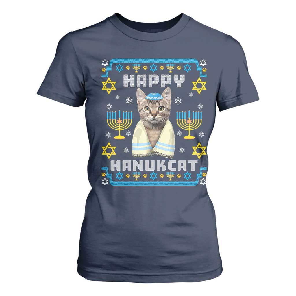 Funny Hanukkah Cat T Shirt For Women Happy Hanukcat Menorah Ugly Chanukah Jewish Festival TS02 Navy Print Your Wear