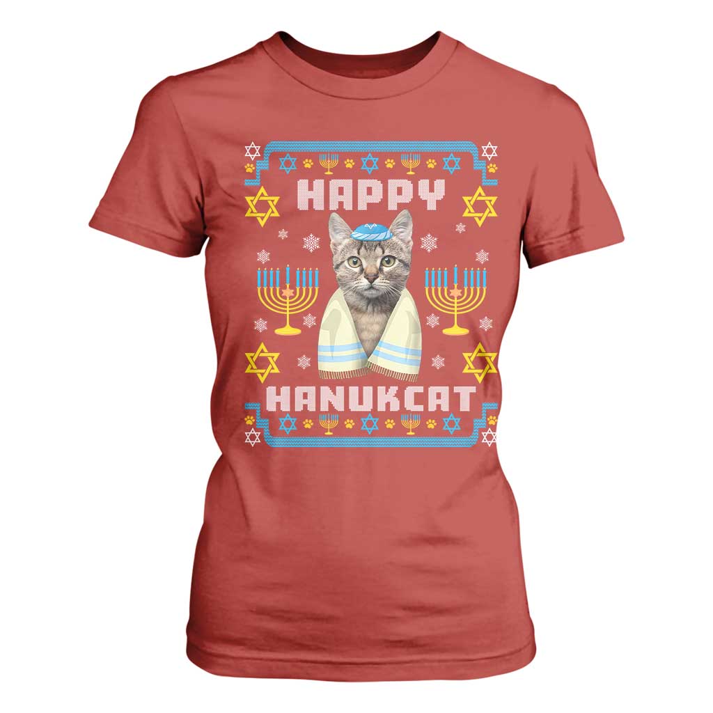 Funny Hanukkah Cat T Shirt For Women Happy Hanukcat Menorah Ugly Chanukah Jewish Festival TS02 Red Print Your Wear