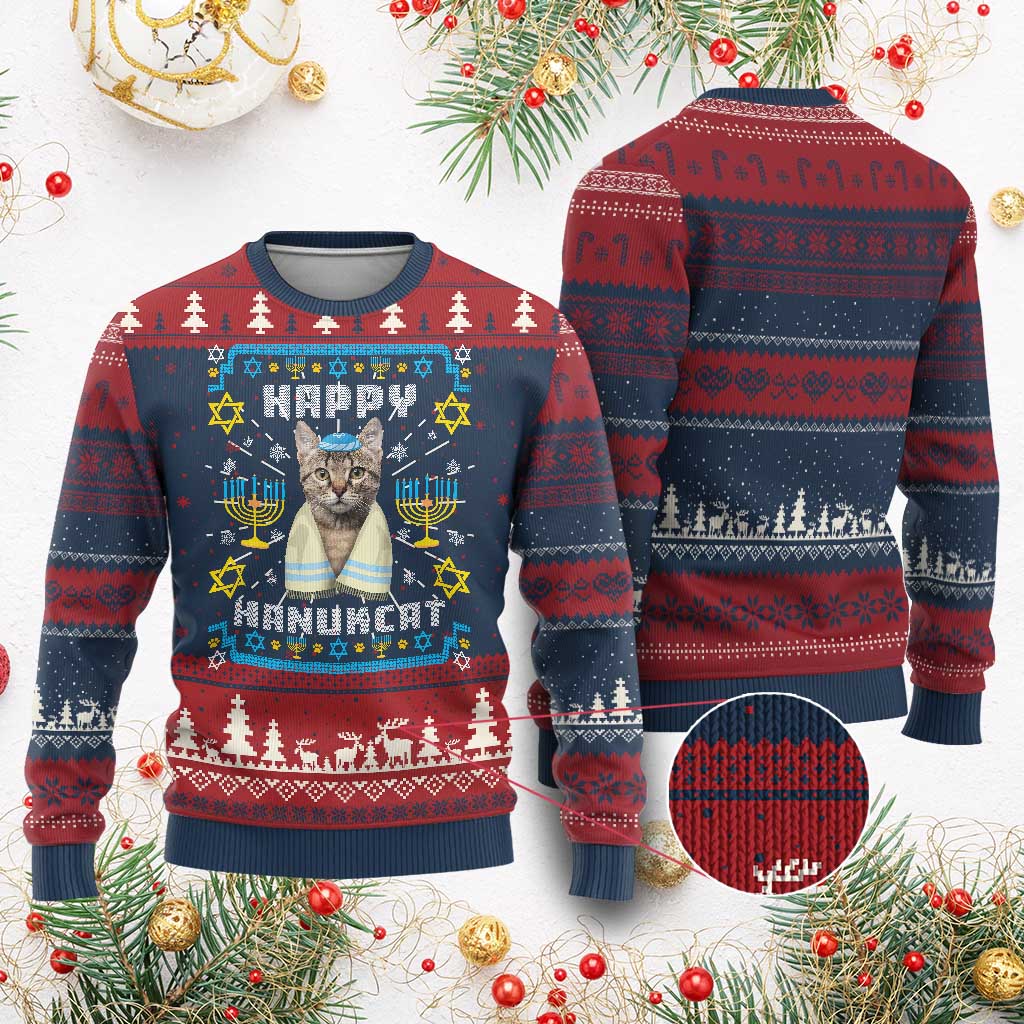 Funny Hanukkah Cat Ugly Christmas Sweater Happy Hanukcat Menorah Ugly Chanukah Jewish Festival TS02 Burgundy Print Your Wear