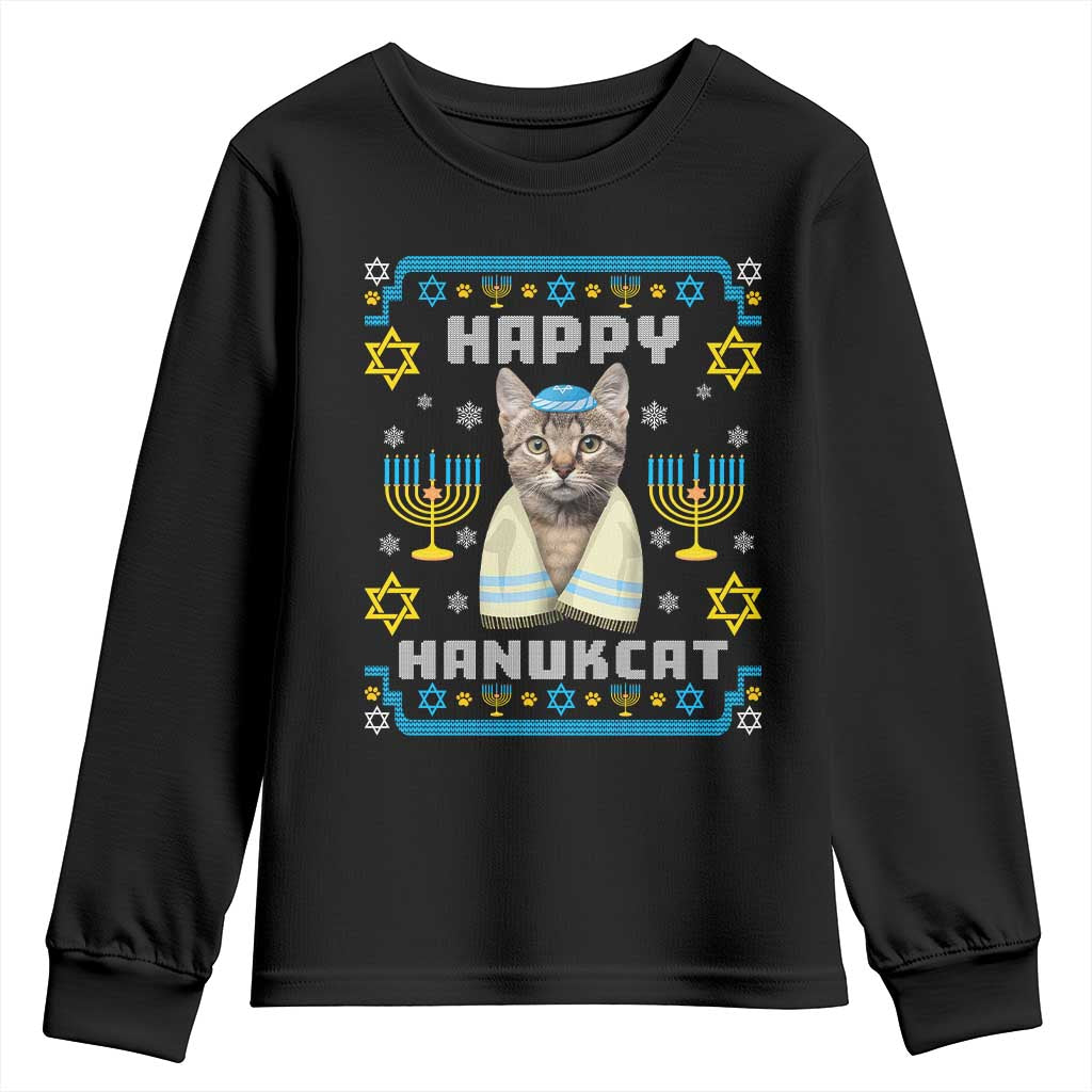 Funny Hanukkah Cat Youth Sweatshirt Happy Hanukcat Menorah Ugly Chanukah Jewish Festival TS02 Black Print Your Wear