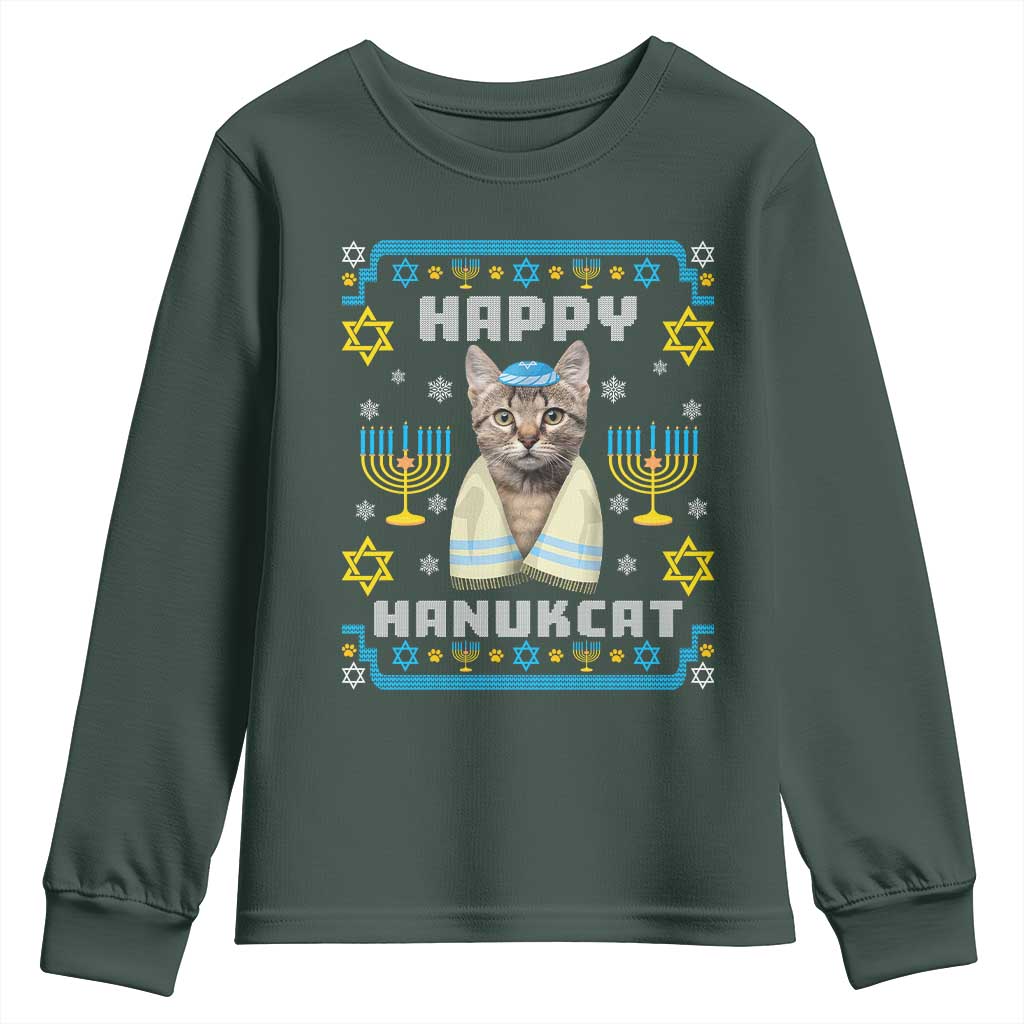 Funny Hanukkah Cat Youth Sweatshirt Happy Hanukcat Menorah Ugly Chanukah Jewish Festival TS02 Dark Forest Green Print Your Wear