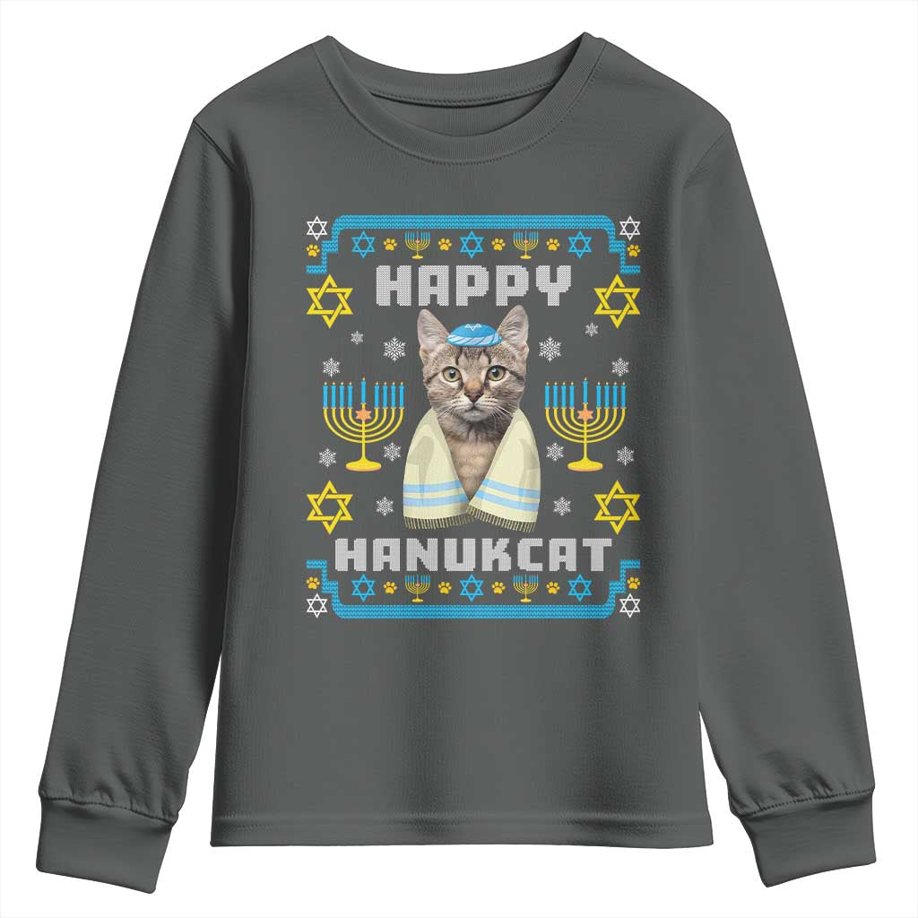 Funny Hanukkah Cat Youth Sweatshirt Happy Hanukcat Menorah Ugly Chanukah Jewish Festival TS02 Dark Heather Print Your Wear