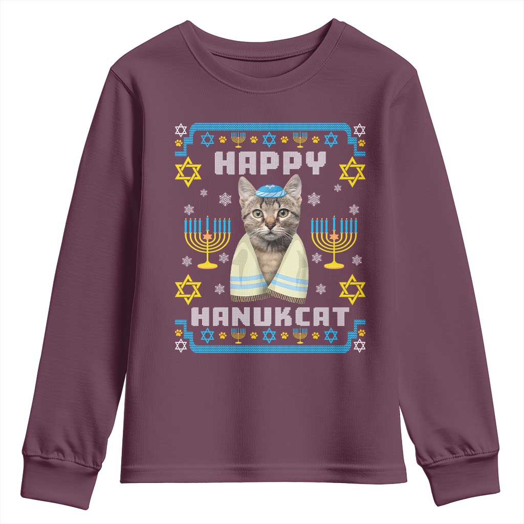 Funny Hanukkah Cat Youth Sweatshirt Happy Hanukcat Menorah Ugly Chanukah Jewish Festival TS02 Maroon Print Your Wear