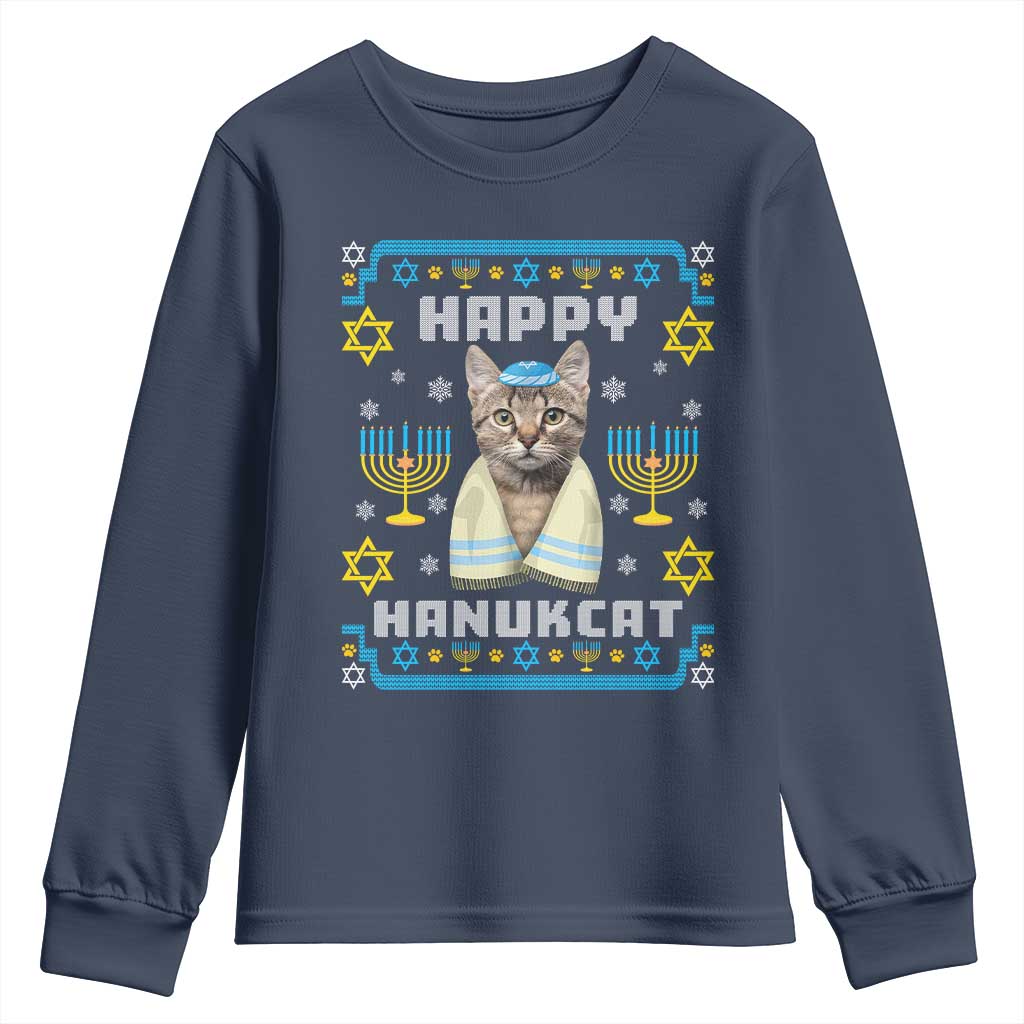 Funny Hanukkah Cat Youth Sweatshirt Happy Hanukcat Menorah Ugly Chanukah Jewish Festival TS02 Navy Print Your Wear