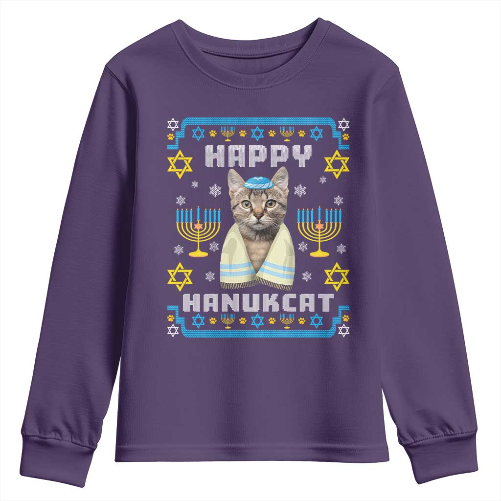 Funny Hanukkah Cat Youth Sweatshirt Happy Hanukcat Menorah Ugly Chanukah Jewish Festival TS02 Purple Print Your Wear
