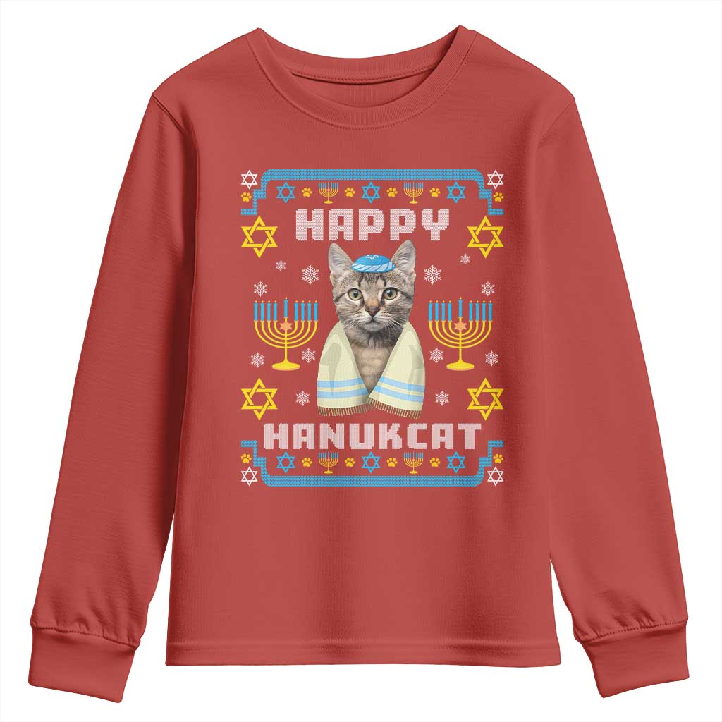 Funny Hanukkah Cat Youth Sweatshirt Happy Hanukcat Menorah Ugly Chanukah Jewish Festival TS02 Red Print Your Wear