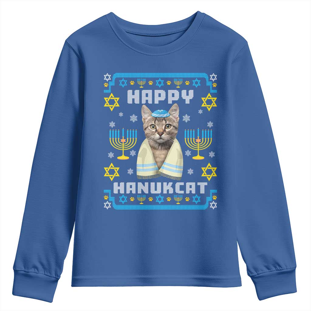 Funny Hanukkah Cat Youth Sweatshirt Happy Hanukcat Menorah Ugly Chanukah Jewish Festival TS02 Royal Blue Print Your Wear