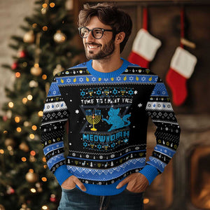 Funny Cat Hanukkah Ugly Sweater Light The Meownorah Jewish Menorah Chanukah TS02 Black Blue Print Your Wear